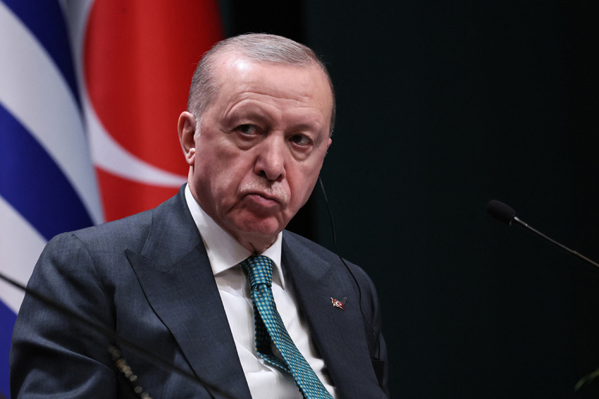 Turkish President Recep Tayyip Erdogan looks on as Greek Prime Minister Kyriakos Mitsotakis (not pictured) addresses the media during a joint press conference at the Presidential Complex in Ankara, on Feb. 11, 2026.