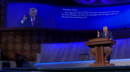 Pastor Robert Jeffress delivers a message at First Baptist Dallas in Dallas, Texas, on April 12, 2026.