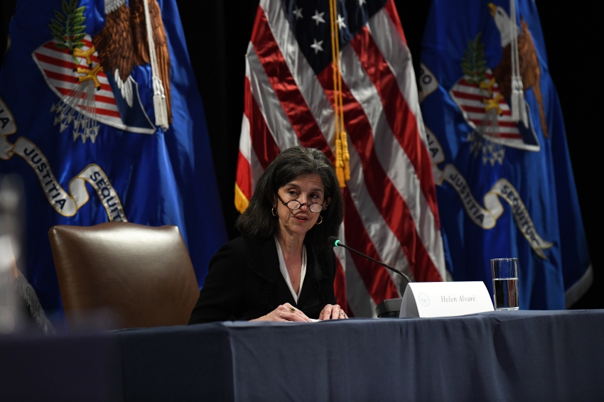Helen M. Alvaré, a law professor at George Mason University's Antonin Scalia Law School, testifies during the final hearing of the White House Religious Liberty Commission in Washington, D.C., on April 13, 2026.