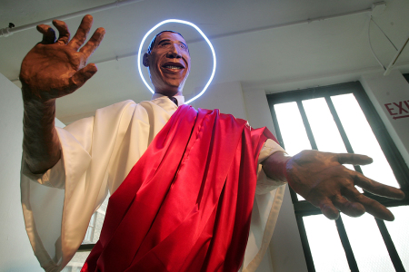 A papier mache sculpture depicting presidential candidate Senator Barack Obama, D-Ill., as a messianic figure is displayed at a gallery near downtown April 3, 2007, in Chicago, Illinois. The sculpture, titled "Blessing," is the creation of School of the Art Institute of Chicago student David Cordero who created the sculpture for his senior show.