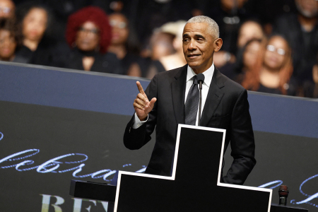 Former U.S. President Barack Obama speaks at a public memorial service to celebrate the life of civil rights activist the Rev. Jesse Jackson in Chicago, Illinois, on March 6, 2026. Jackson, one of the nation's most influential black voices, died on Feb. 17, 2026, at the age of 84. Jackson, a Baptist minister, had been a civil rights leader since the 1960s, when he marched with Martin Luther King Jr. and helped fundraise for the cause.
