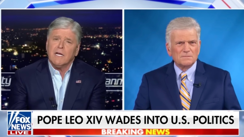 Fox News host Sean Hannity interviews evangelist Franklin Graham about Pope Leo XIV and the Iran war during an episode of "Hannity" on April 16, 2026.