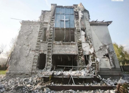 House of Prayer Baptist Church in Ukraine destroyed in attack, injuring others and killing one.