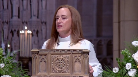 The Right Reverend Anne B. Jolly, bishop of the Episcopal Diocese of Ohio, giving a sermon in September 2023 at Trinity Episcopal Cathedral of Cleveland, Ohio.