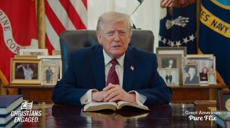 In a pre-recorded message, President Donald Trump read 2 Chronicles 7:14 from the Oval Office at the White House on April 21, 2026, as part of the week-long America Reads the Bible event in Washington, D.C.