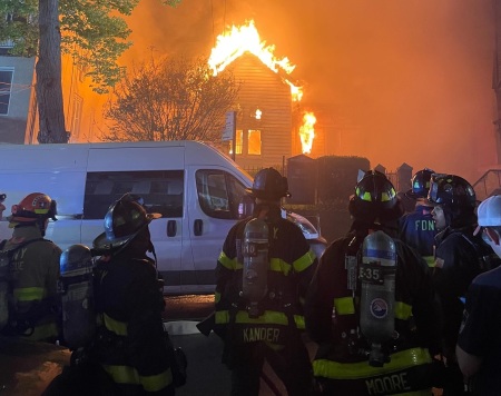 Firefighters work to put out a massive blaze at the First Reformed Church of Astoria, located at 27-26 12th Street, in Astoria, N.Y., on April 23, 2026.