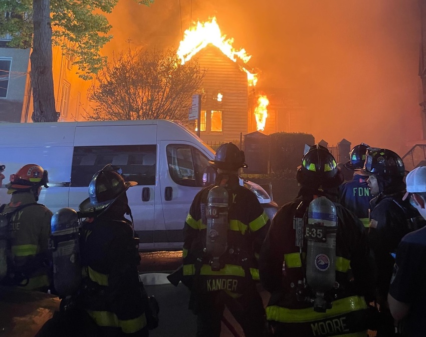 Firefighters work to put out a massive blaze at the First Reformed Church of Astoria, located at 27-26 12th Street, in Astoria, N.Y., on April 23, 2026.