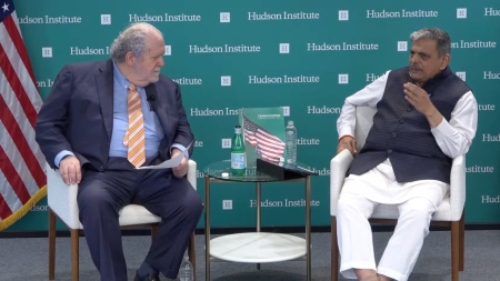 Dattatreya Hosabale, right, general secretary of the Rashtriya Swayamsevak Sangh (RSS), with scholar Walter Russell Mead at the Hudson Institute in Washington, D.C., on April 23, 2026.