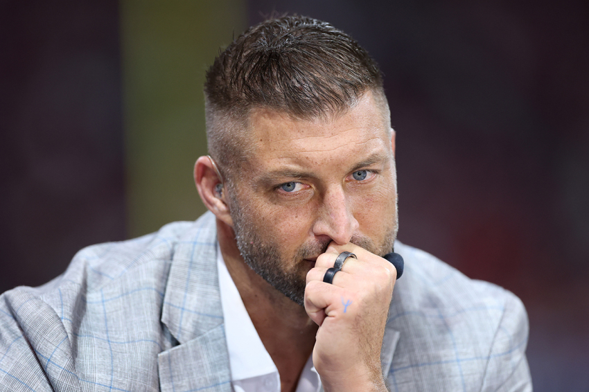 Tim Tebow looks on prior to the 2025 SEC Championship between the Georgia Bulldogs and Alabama Crimson Tide at Mercedes-Benz Stadium on Dec. 06, 2025, in Atlanta, Georgia. 