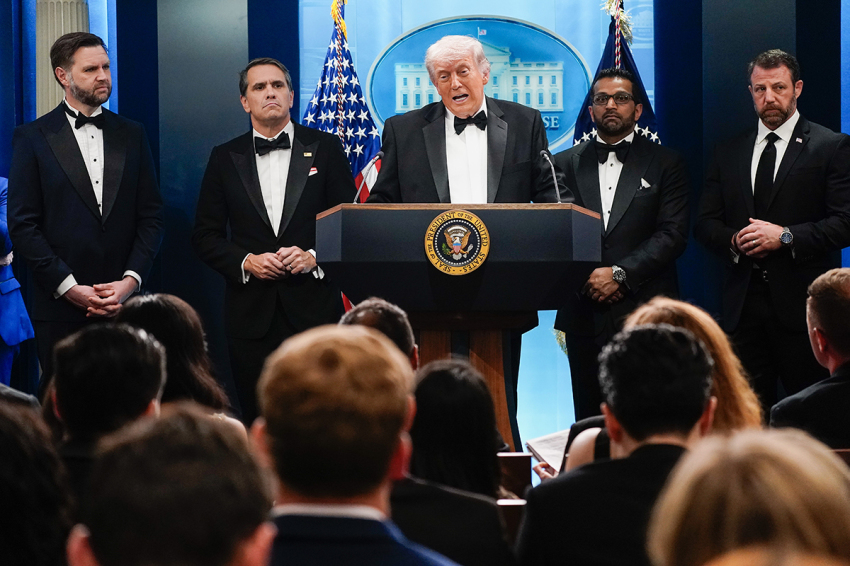 U.S. President Donald Trump speaks during a press conference in the Brady Briefing Room of the White House on April 25, 2026, in Washington, D.C. President Trump is making a statement after the cancellation of the annual White House Correspondents Association Dinner due to a shooting.