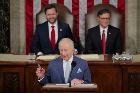 King Charles III addresses a joint meeting of Congress as U.S. Vice President JD Vance and Speaker of the House Mike Johnson, R-La., look on at the U.S. Capitol on April 28, 2026, in Washington, D.C. In his first visit to the U.S. as the British monarch, King Charles III addressed Congress as part of a multi-day trip to the nation's capital, New York City, and Virginia celebrating the United States of America's 250th anniversary of its independence. 