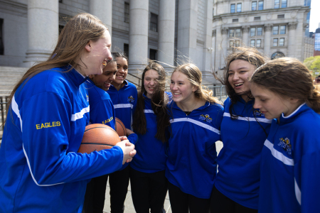 Mid Vermont Christian School basketball players outside of the U.S. Court of Appeals for the 2nd Circuit in New York City on April 9, 2025.