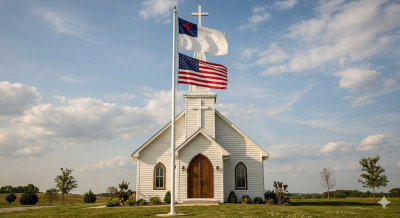 An image of the Christian flag and American flag in front of a church with a cross generated by Google's Gemini (Nano Banana model) artificial intelligence tool.