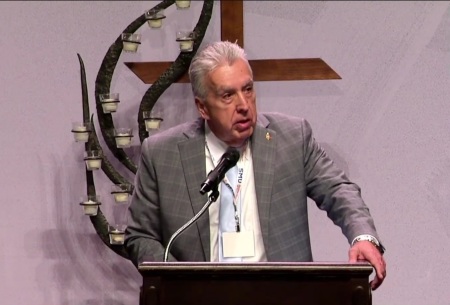 Bishop Ruben Saenz Jr. of The United Methodist Church Horizon Texas Conference giving remarks at a June 2025 gathering. 