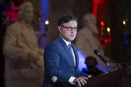 U.S. Speaker of the House Mike Johnson, R-La., speaks during the National Day of Prayer service in Statuary Hall at the U.S. Capitol in Washington, D.C., on May 7, 2026.