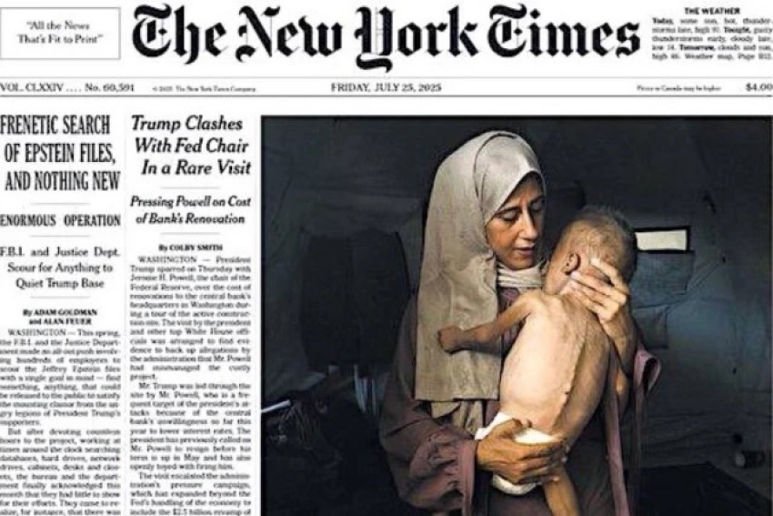 Mohammed Zakaria al-Mutawaq being held by his mother in a photo that appeared on the front page of The New York Times on July 25, 2025. 