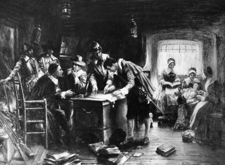 Signing the Mayflower Compact by Edward Percy Moran (1862 - 1935), aboard ship the pilgrims are signing an agreement for temporary government of the colony by the will of the majority.