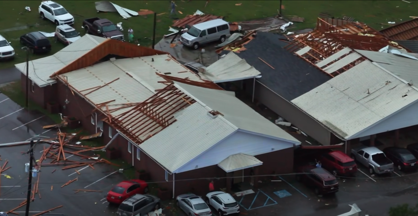 An aerial shot of tornado-ravaged Coaltown Baptist Church in Purvis, Mississippi.
