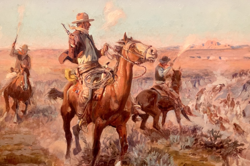 The Wichita Art Museum collections includes this painting, “Smoking Cattle Out of the Breaks,” by Charles M. Russell.
