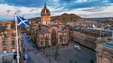 St. Giles Cathedral and Edinburgh old town, Aerial view of Old cathedral in Edinburgh, Scotland. Saint Giles Cathedral in Edinburgh city center.
