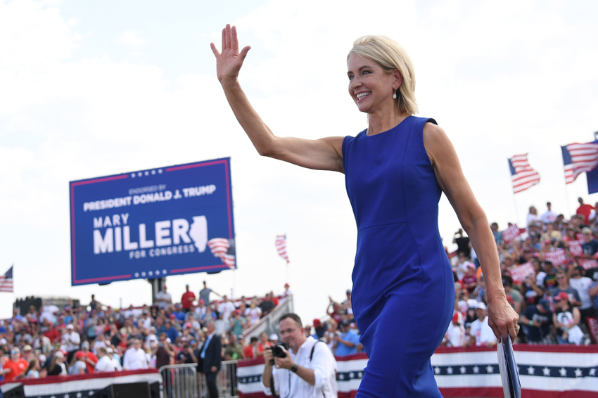 U.S. Representative Mary Miller, R-Ill., arrives to give remarks during a Save America Rally with former US President Donald Trump at the Adams County Fairgrounds on June 25, 2022, in Mendon, Illinois. Trump will be stumping for Rep. Mary Miller in an Illinois congressional primary and it will be Trump's first rally since the United States Supreme Court struck down Roe v. Wade on Friday.