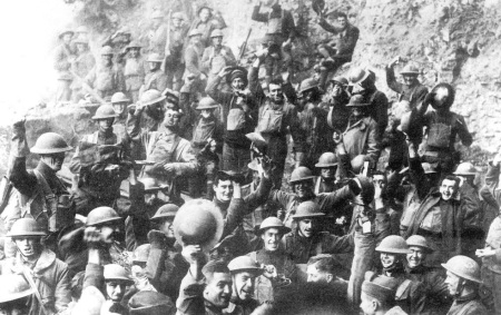 United States soldiers celebrating the armistice that ended World War I on Nov. 11, 1918.