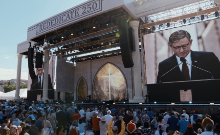 House Speaker Mike Johnson, R-La., speaks at the Rededicate 250 festival on the National Mall in Washington, D.C. on May 17, 2026.