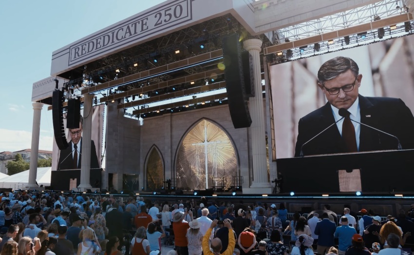 House Speaker Mike Johnson, R-La., speaks at the Rededicate 250 festival on the National Mall in Washington, D.C. on May 17, 2026.