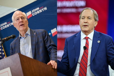 (Left) U.S. Sen. John Cornyn, R-Texas, speaks during a Get Out the Vote Meet & Greet event at the Texas Farm Bureau on May 15, 2026, in Waco, Texas. Sen. Cornyn continues campaigning during his statewide tour ahead of the May 26th primary runoff. (Right) Texas Attorney General Ken Paxton speaks during the annual Conservative Political Action Conference meeting on Feb. 23, 2024, in National Harbor, Maryland.