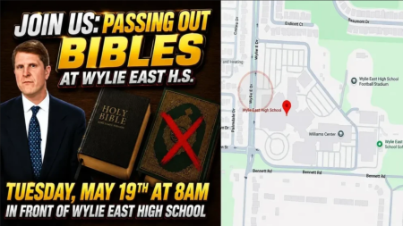 An undated image promoting a Bible distribution event at Wylie East High School in Wylie, Texas.
