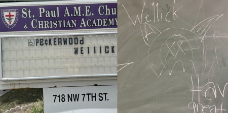 A couple of images of vandalism committed at St. Paul African Methodist Episcopal Church of Ocala, Florida, in May 2026.