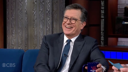 Stephen Colbert talks with comedian Jim Gaffigan during an episode of "The Late Show" on May 20, 2026.