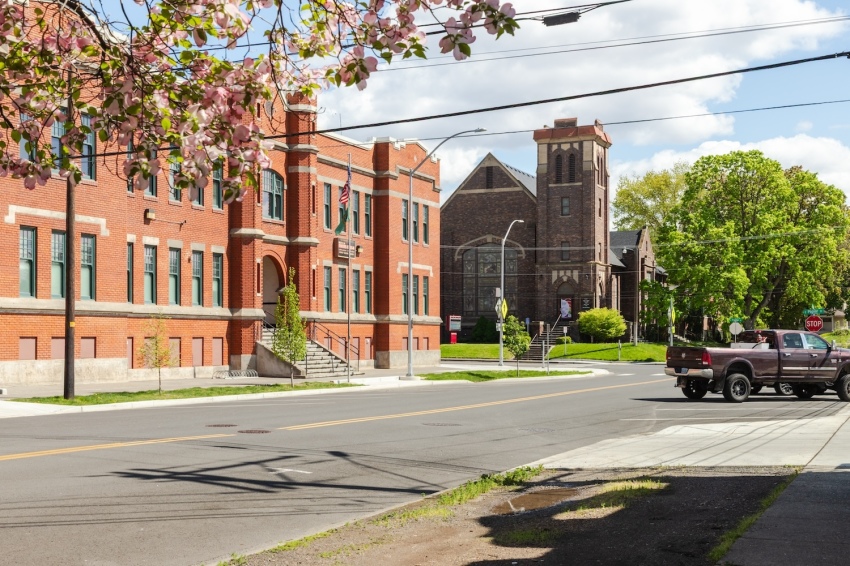 The Walla Walla Armory and Pioneer United Methodist Church in Walla Walla, Washington.