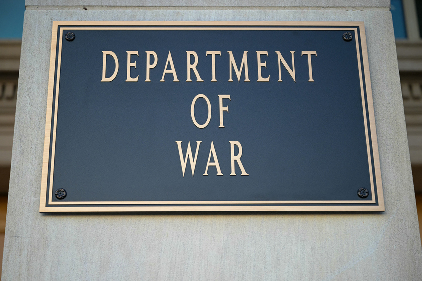A sign reading "Department of War" is displayed at the Pentagon in Washington, D.C., on March 31, 2026.