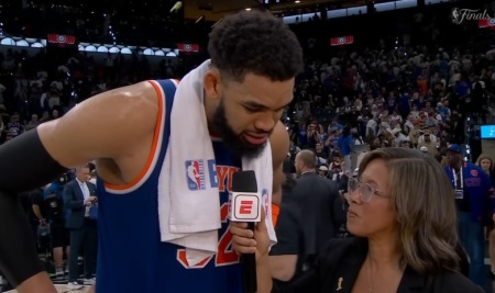 New York Knicks center Karl-Anthony Towns speaks with ESPN's Lisa Salters after NBA Finals game 2 in New York City on June 5, 2026.