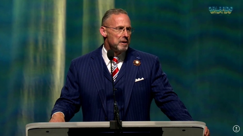 Southern Baptist Convention President Clint Pressley gives remarks at the SBC Annual Meeting in Orlando, Florida, on Tuesday, June 9, 2026.