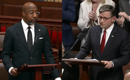 The leader of Atlanta’s historic Ebenezer Baptist Church, Sen. Raphael Warnock of Georgia (L), and devout Southern Baptist Speaker of the House of Representatives Mike Johnson, R-La.