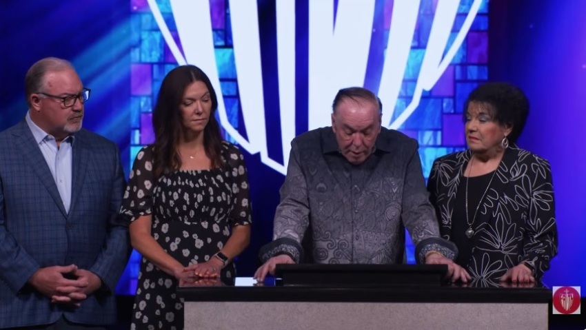 Kenneth W. Hagin (center-right) announces the firing of his son, Craig Hagin, from Rhema Bible Church in Broken Arrow, Oklahoma, on June 7, 2026.
