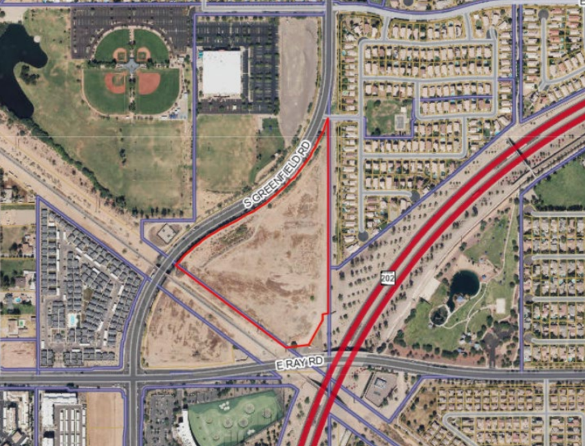 The approximately 18.9 acres of land (marked in red) generally located at the northeast corner of East Ray Road and South Santan Village Parkway, in Gilbert, Arizons, was purchased by Christ's Church of the Valley.