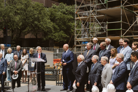 First Dallas Baptist Senior Pastor Robert Jeffress takes the podium at a groundbreaking ceremony in Dallas on June 7, 2026.