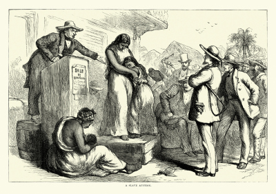 Mother and daughter sold at Slave Auction, Southern USA, 1860s stock illustration