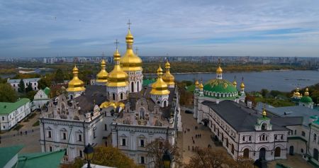 The Dormition Cathedral (left) and Refectory Church (right) in Kiev Pechersk Lavra, as seen from the Great Lavra Belltower in Kyiv, Ukraine. 