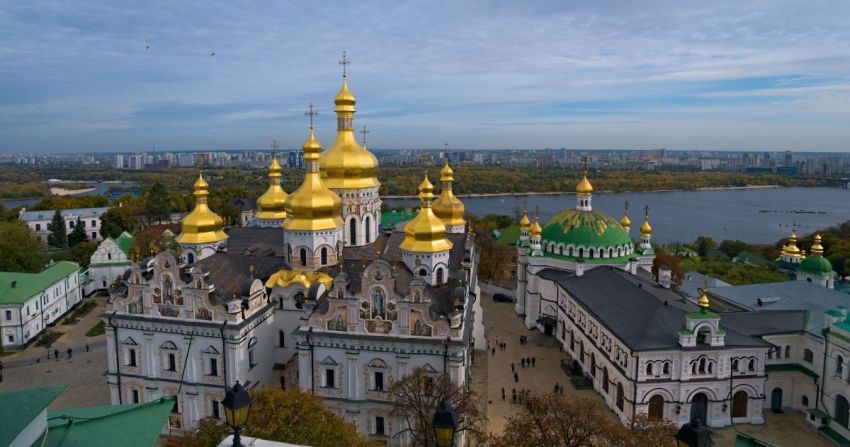 The Dormition Cathedral (left) and Refectory Church (right) in Kiev Pechersk Lavra, as seen from the Great Lavra Belltower in Kyiv, Ukraine.