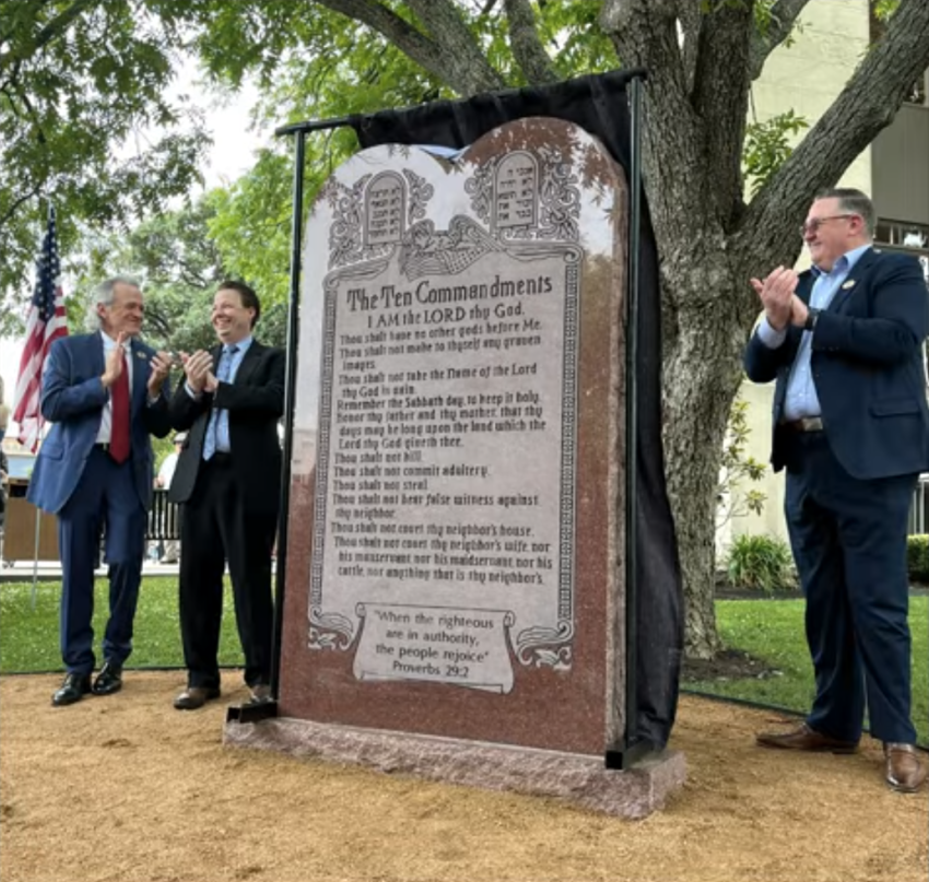 The Rockwall County Commissioners Court unveils a Ten Commandments monument in Rockwall, Texas, on May 25, 2026.