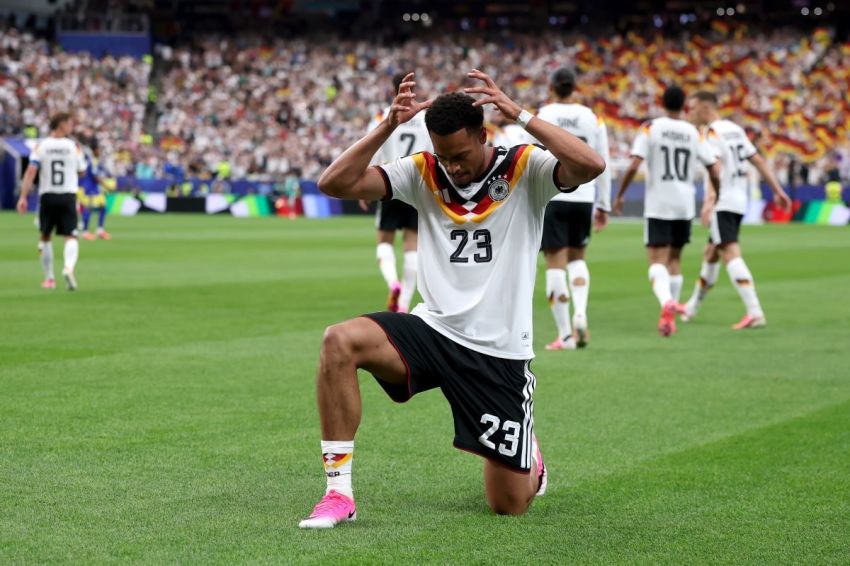 Felix Nmecha #23 of Germany celebrates scoring his team's first goal during the FIFA World Cup 2026 Group E match between Germany and Curacao at Houston Stadium on June 14, 2026, in Houston, Texas. 