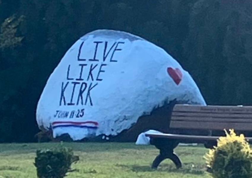 A tribute to Charlie Kirk painted on the spirit rock at Ardrey Kell High School in Charlotte, North Carolina, in September 2025.