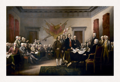 Painting by John Trumbull made in 1818 depicting the Committee of Five (Adams, Livingston, Sherman, Jefferson, and Franklin) presenting their draft of the Declaration of Independence.