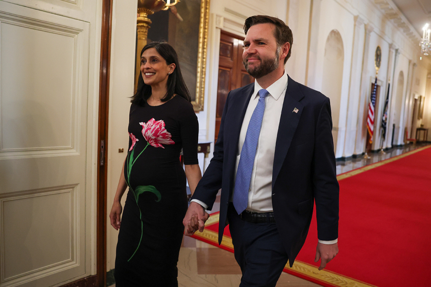 Second lady Usha Vance and U.S. Vice President JD Vance arrive for a military mothers celebration in the East Room of the White House on May 6, 2026, in Washington, D.C. President Trump and the first lady honored America's military mothers at the event ahead of Mother's Day.