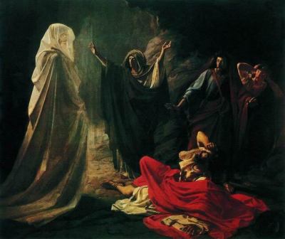 The spirit of Samuel appears to Saul in the "Witch of Endor," an 1857 painting by Nikolai Ge.