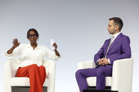 Konstantin Kisin (R) interviews Ayaan Hirsi Ali (L) at the Alliance for Responsible Citizenship Conference 2026 in London, England, on June 23, 2026.